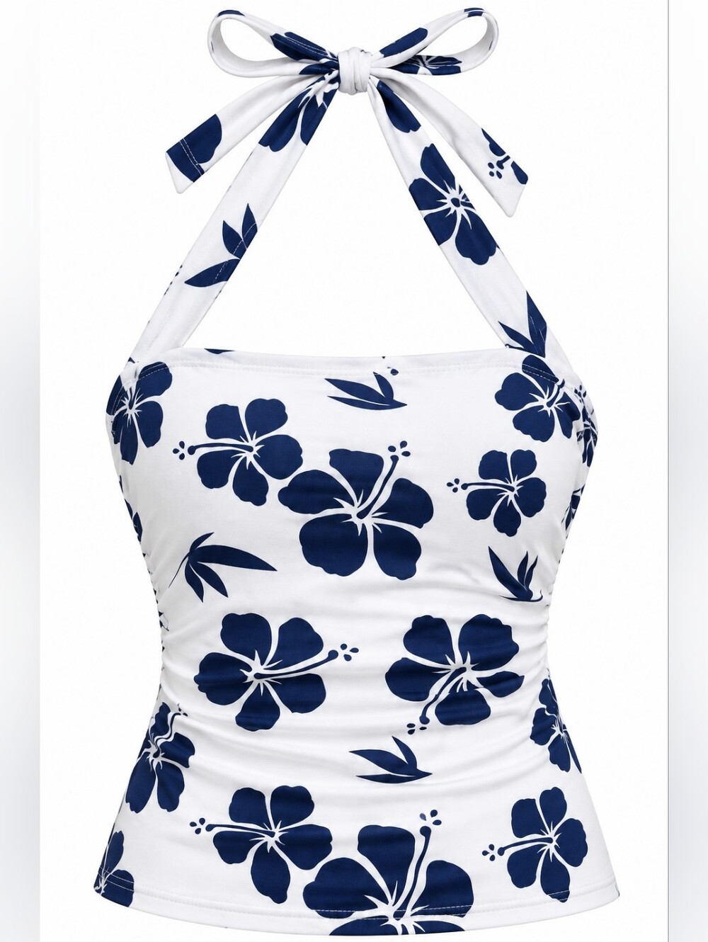 Soleia White & Navy Floral Halter Tank Top Vacation Top